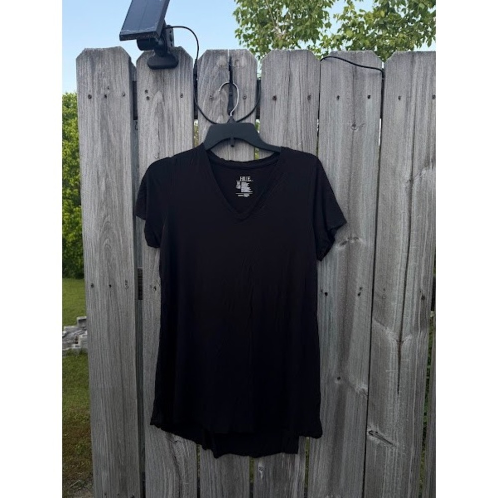 HUE Womens Black V-Neck Short Sleeve Sleep Shirt Loungewear Top Size Medium